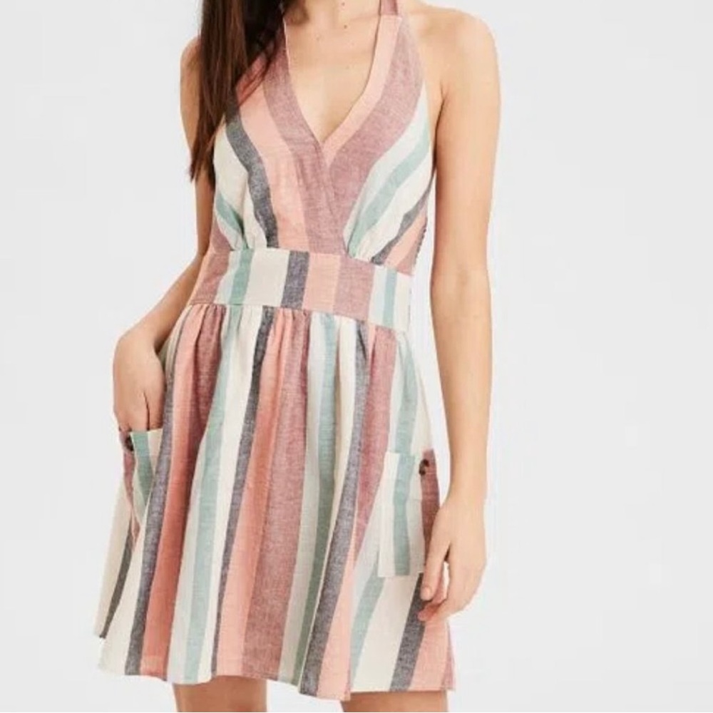 NEW! AEO LINEN HALTER SUN DRESS MULTI COLOR SIZE SMALL